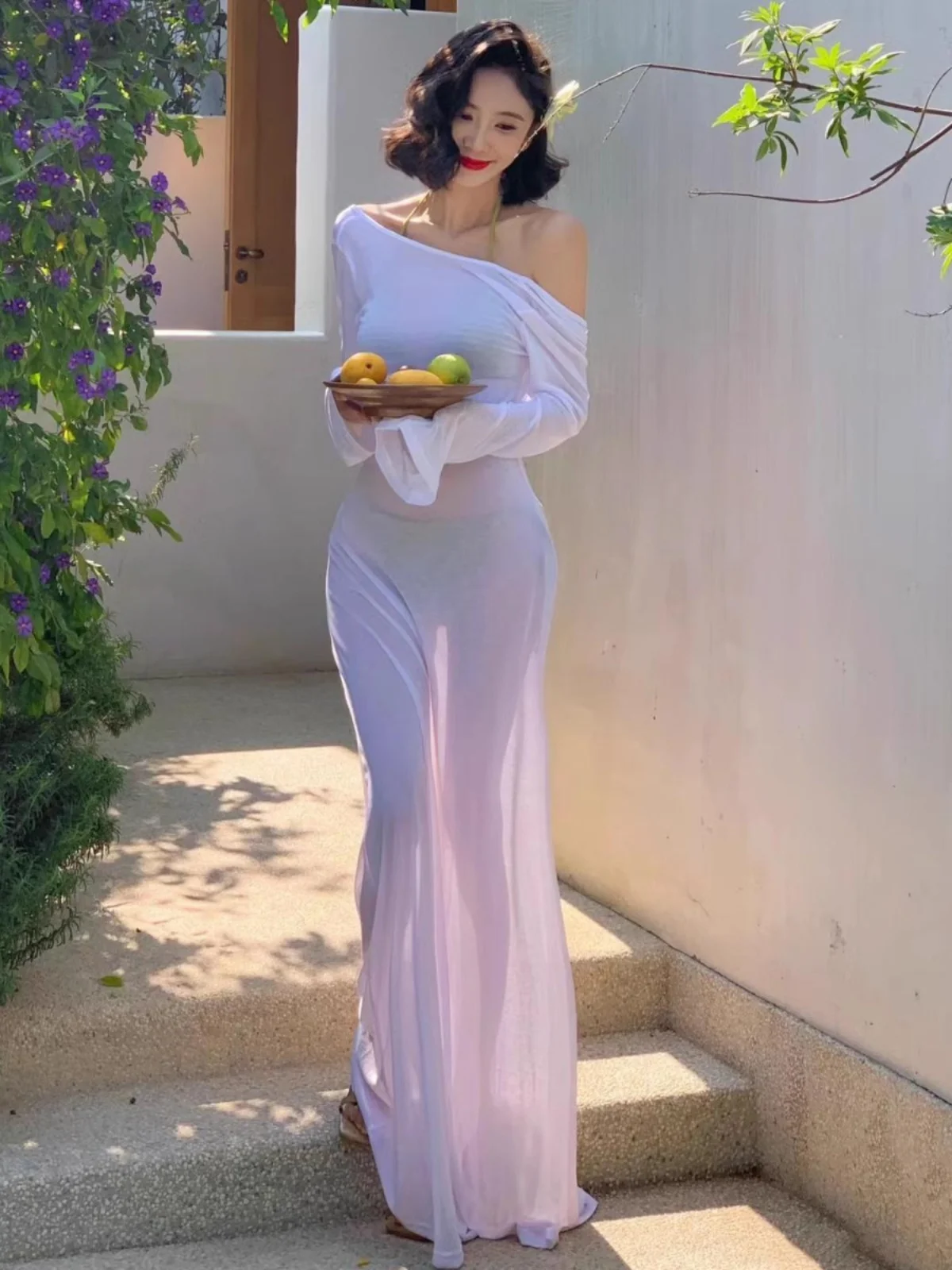 ビーチバケーション ホワイトムーンライト アシンメトリー ミディドレス トラベル ショルダーレス セクシー シースルー 長袖 コットンブレンドドレス