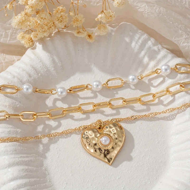 3 قطعة القلائد الموضة أنيقة المرأة الحب قلادة تقليد اللؤلؤ مطرز متعدد الطبقات سلسلة مجوهرات مأدبة الحفلات
