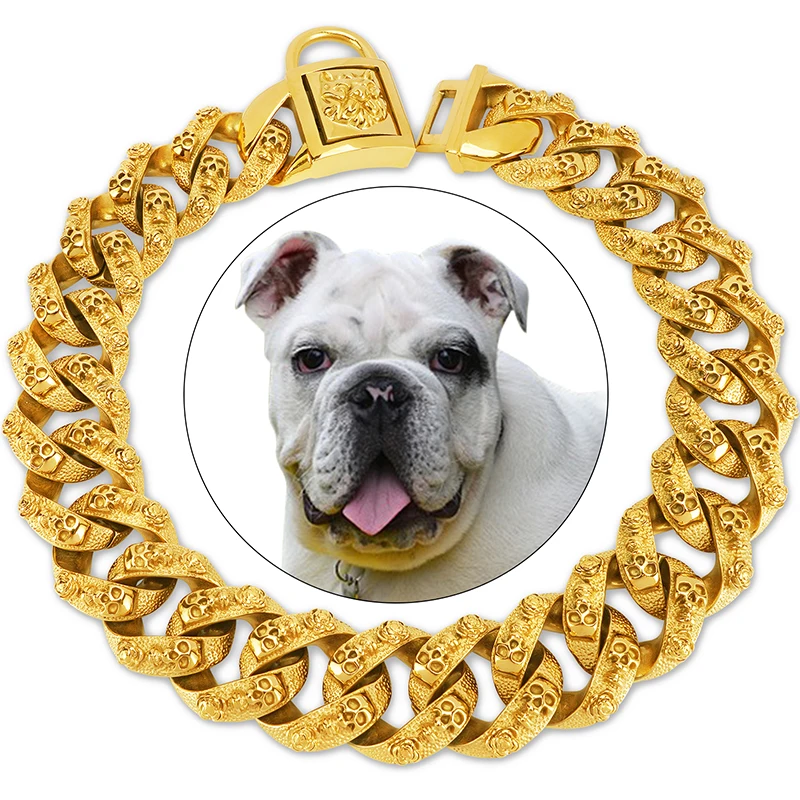 

32mm Wide Strong Skull Stainless Steel Pet Chains Collar Gold Dog Chain Collar for Large Dogs Heavy