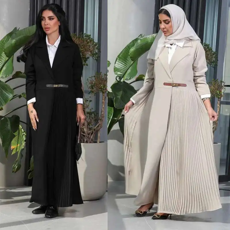 

Mq115 Abaya Cardigan, Long Robe, Pleated Jacket, Muslim Arabic Clothing, Fashionable Leather Buttons Dubai Luxury Islam Elegant