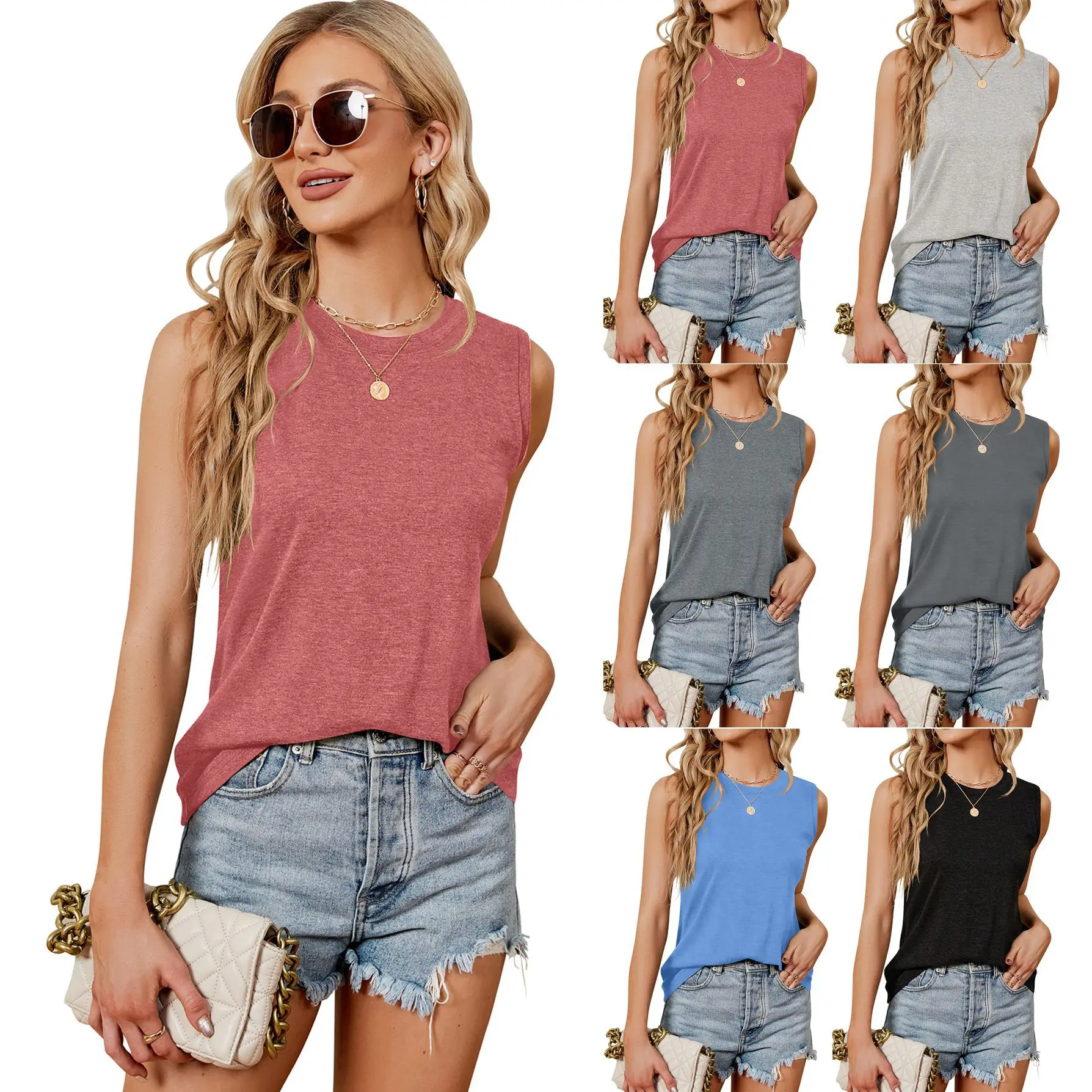 2024 New Summer Women\'s Tops Female Y2K Loose Knit Sleeveless Round Neck Shirt Women\'s Elastic Vest Pure Color Soft Vest