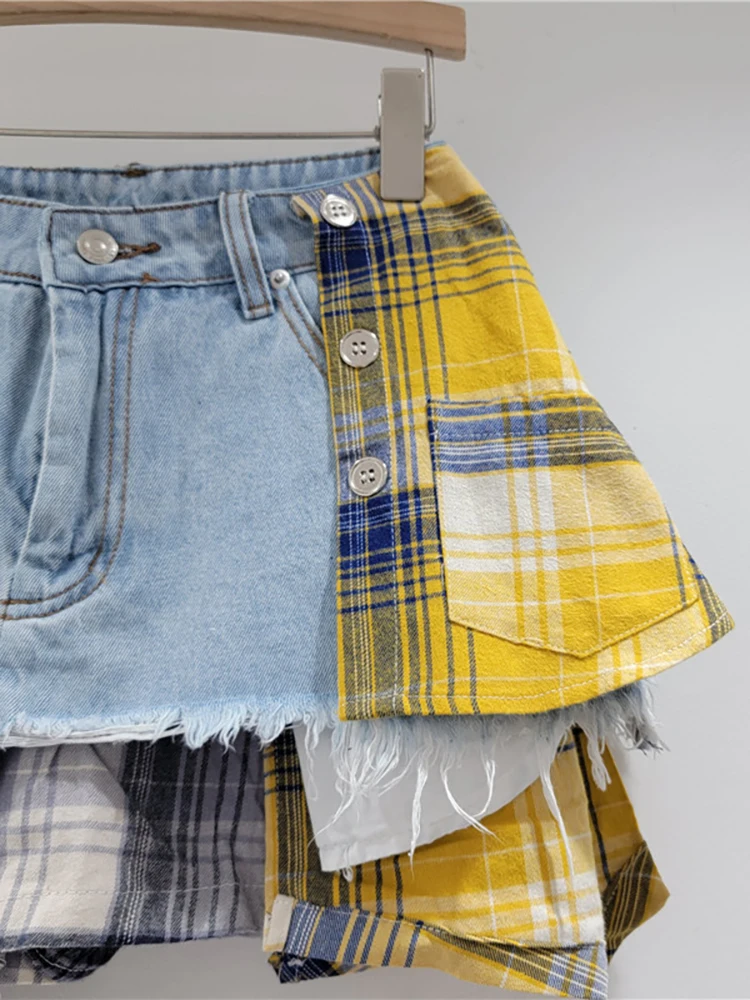 DEAT Women\'s Denim Skirt Colored Plaid Patchwork Irregular Deconstructed A-line High Waist Mini Skirt 2024 Autumn New Fashion