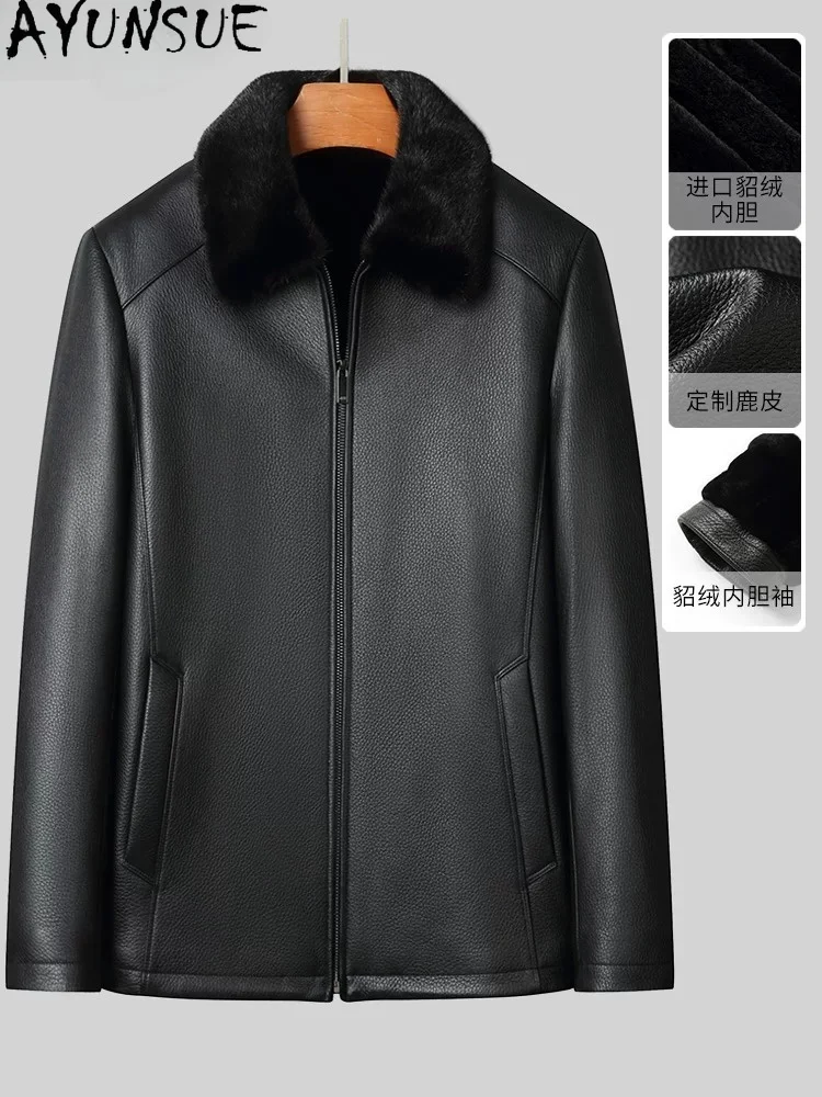 AYUNSUE High-end Real Fur Coat Men Luxury Sheared Mink Fur Liner Parkas Genuine Deerskin Leather Jacket Man Clothing chaquetas