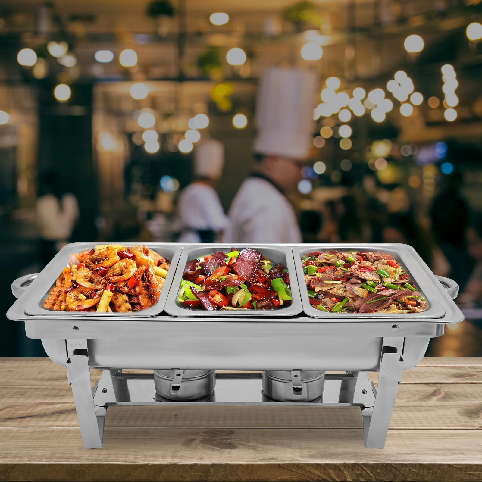 9L Chafing Dish Buffet Set Stainless Steel 9.5QT Food Warmer Chafer Complete Set  3 Grids Square Catering Warming Trays