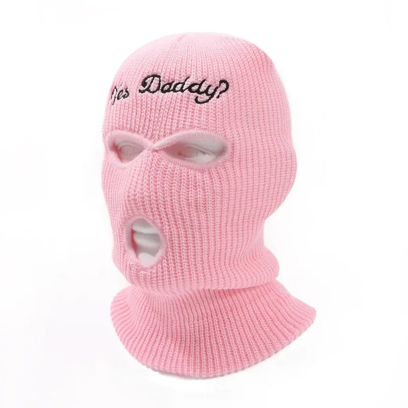 Balaclava Full Face Mask Embroidery Winter Hat for Woman Ski Mask Yes Daddy Warm Knit Full Caps Outdoor Sports Beanies