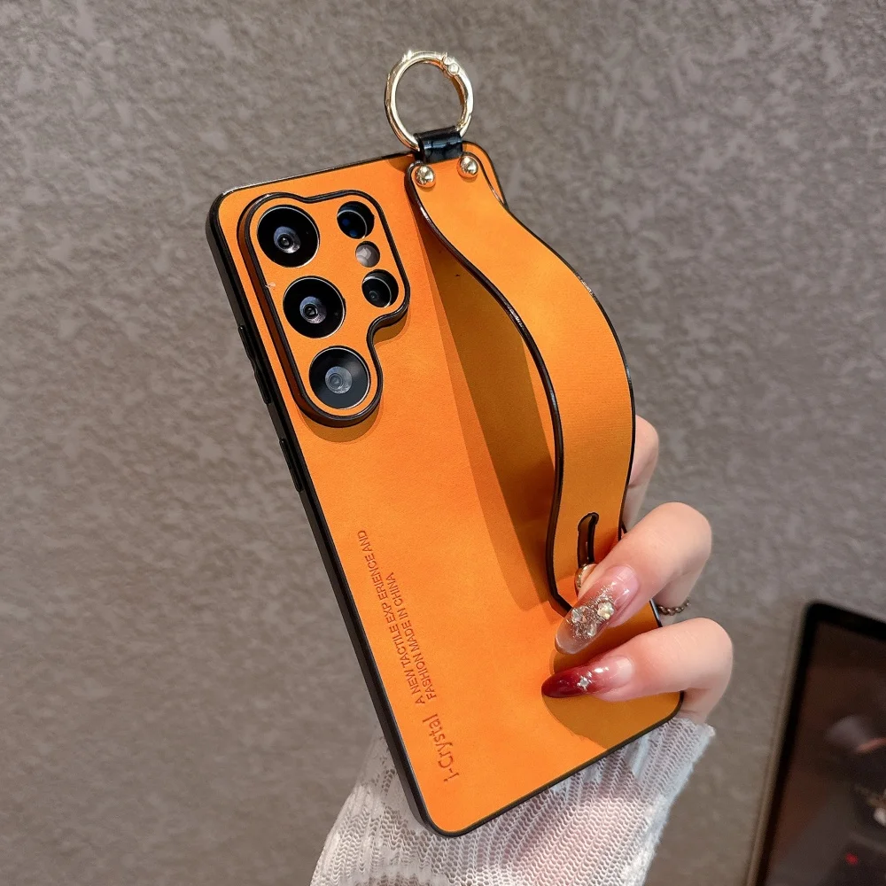 Matte Faux Leather Wrist Strap Stand Phone Case For Samsung Galaxy S26 S25 S24 S23 S22 S21 Ultra Plus Sheepskin Shockproof Cover