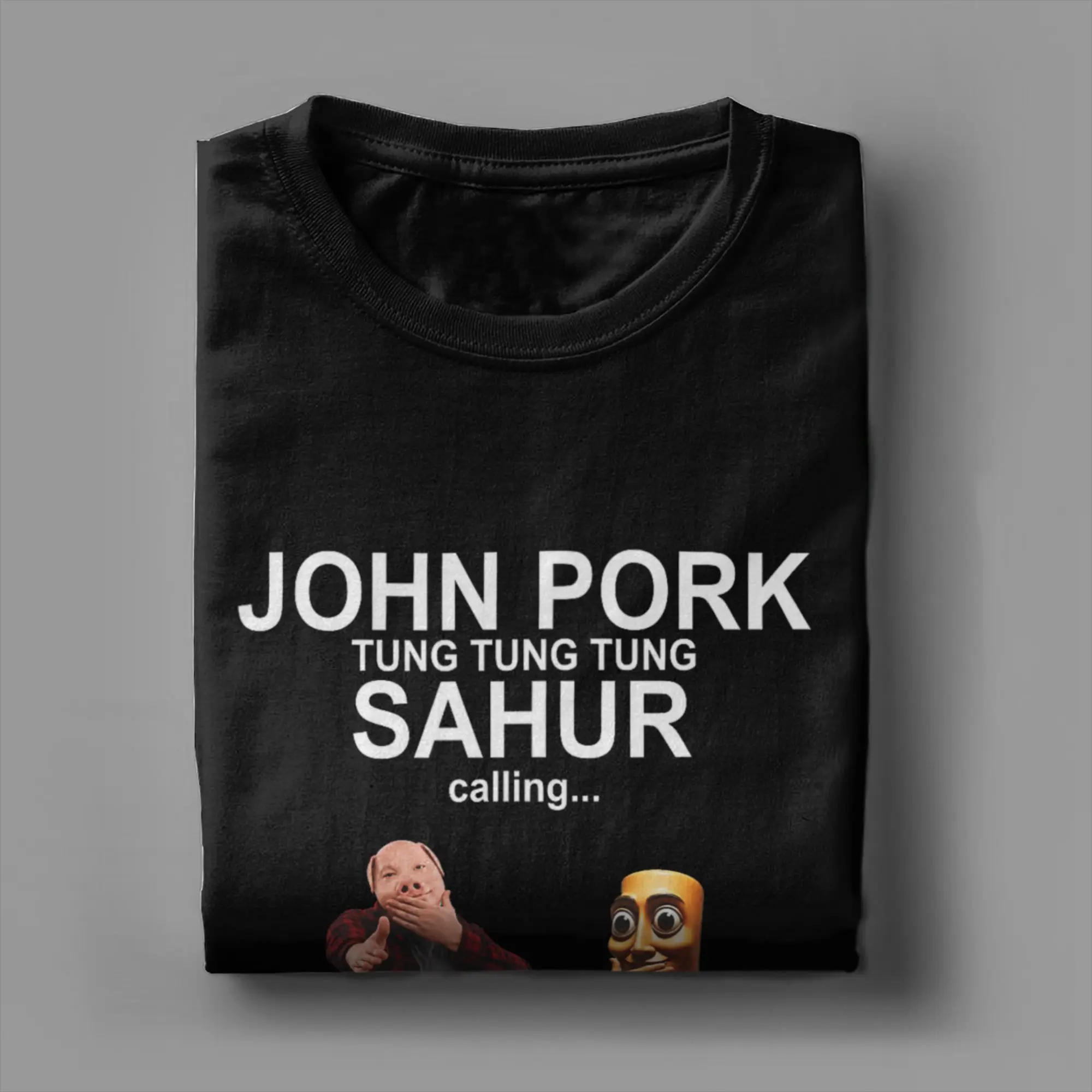 John Pork and Tung Tung Tung Sahur is Calling Scuba Dance T Shirt Men 100% Cotton T-Shirts Round Collar Tees Short Sleeve