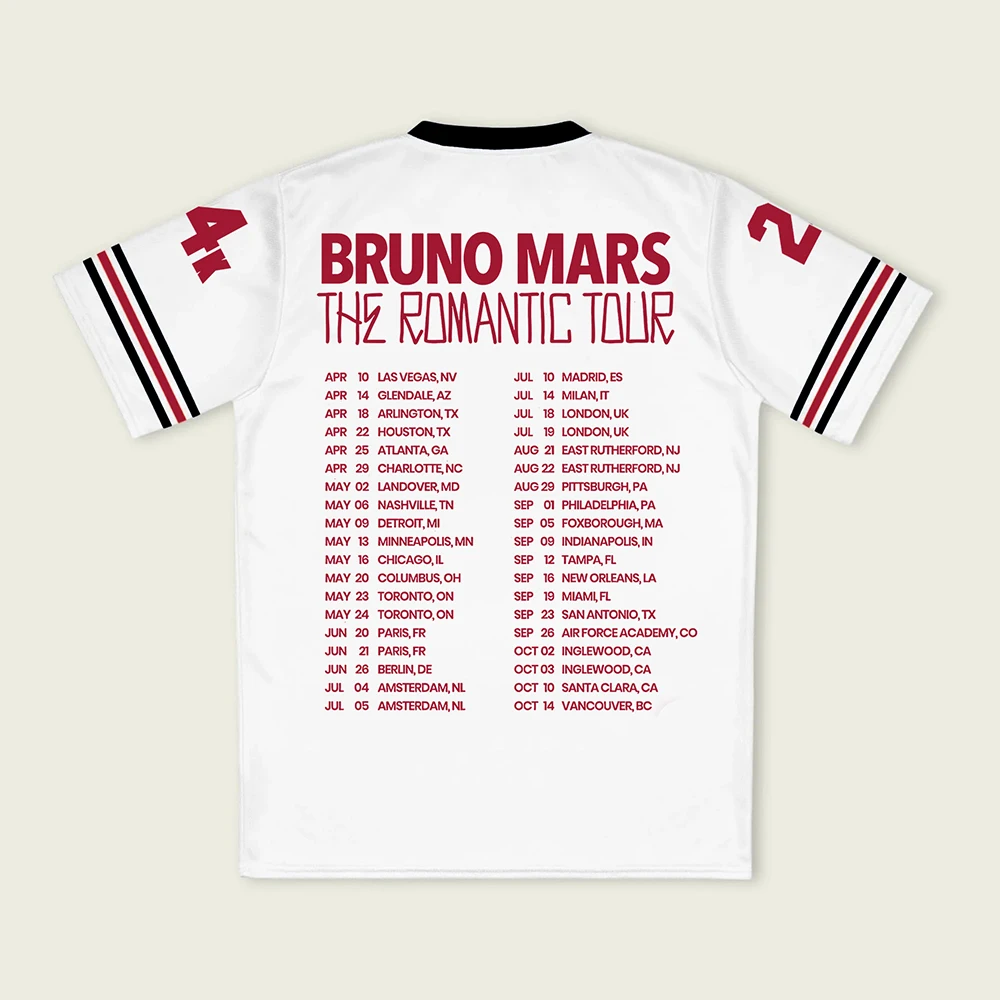 Bruno Mars The Romantic Tour 2026 Jersey V-neck Short Sleeve Loose Male Tees Summer Unisex Streetwear 3D Printing Design Merch image 3