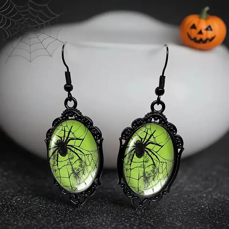 New Fashion Black Spider Web Oval Glass Dangle Earrings Trendy Personalized Dark Style Jewelry