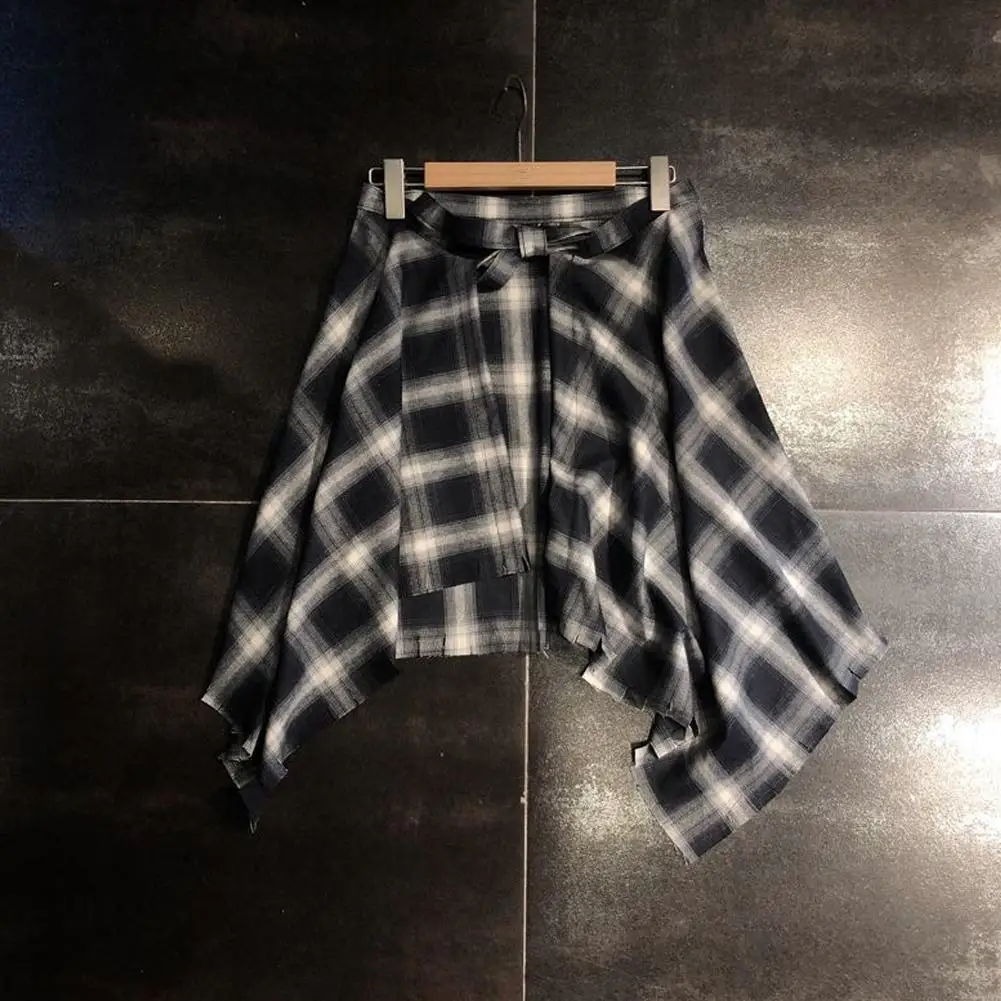 Lässiger Unisex-Rock mit unregelmäßigem Karomuster, Schleifenknoten, elastischer Taille, Hemdstil, blau-weißes Gittermuster, Mini-A-Linien-Kurzrock – Detail 2