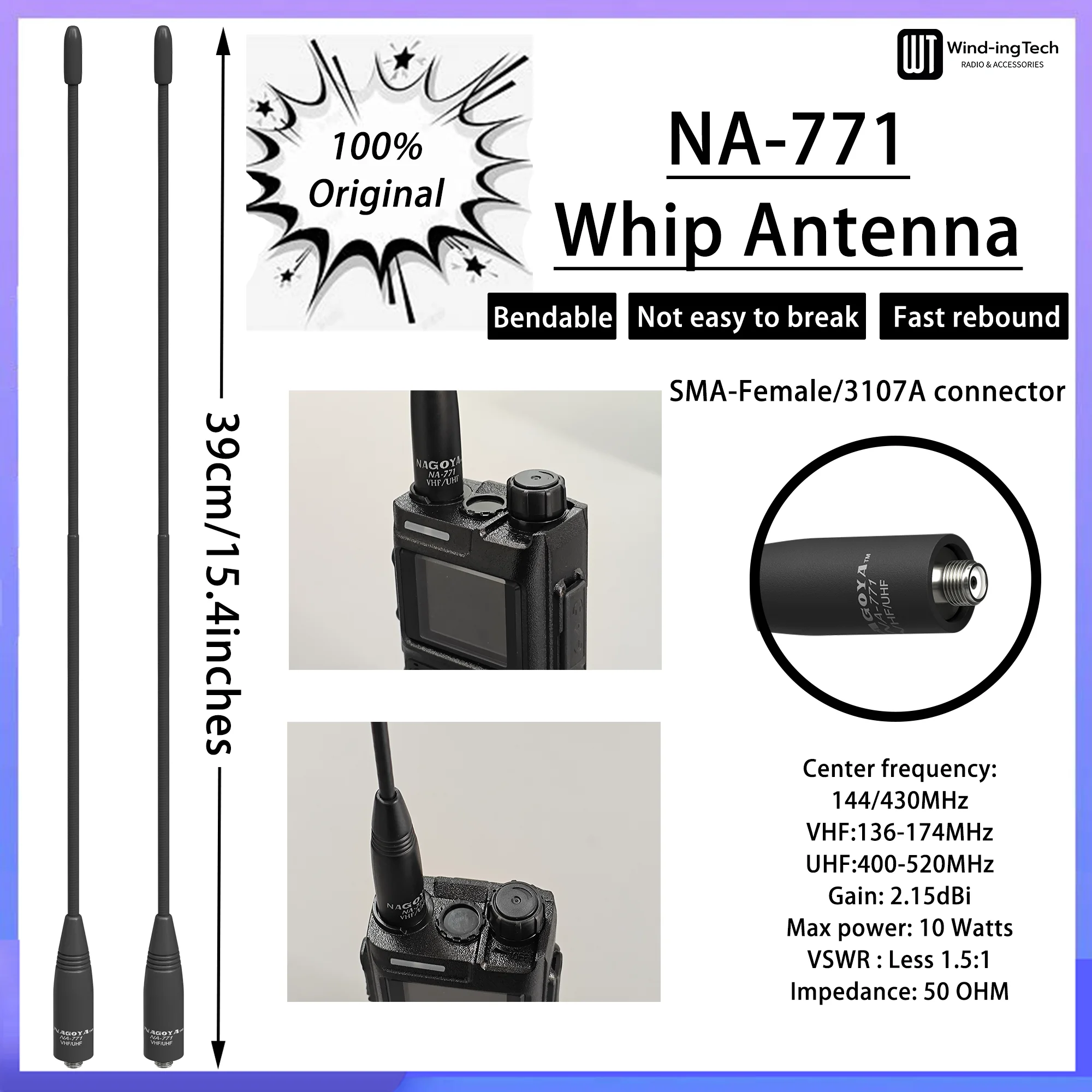 Nagoya NA771 antenne fouet VHF UHF SMA-femelle UV-5RM Walperforated talkie divulguer à gain élevé pour Baofeng UV-5R UV25 radio UV-32