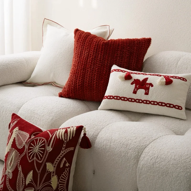 Joyful Red Pillows Classical HorseEmbroidery Cushion Case Luxury Decorative Pillow Cover For Sofa Chair Home Decorations