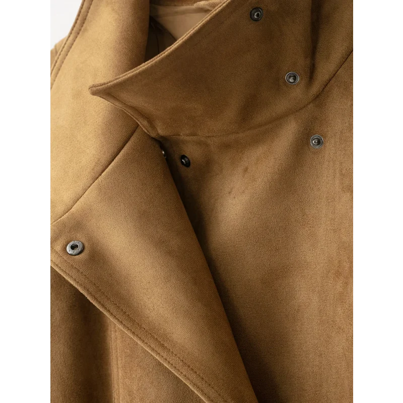 Damen Herbst Winter Hochkragen Wildlederjacke Einfarbig Einreihig Langarm Gürtel Tailliert Lockerer Mantel Lässige Mode Streetwear – Detail 22