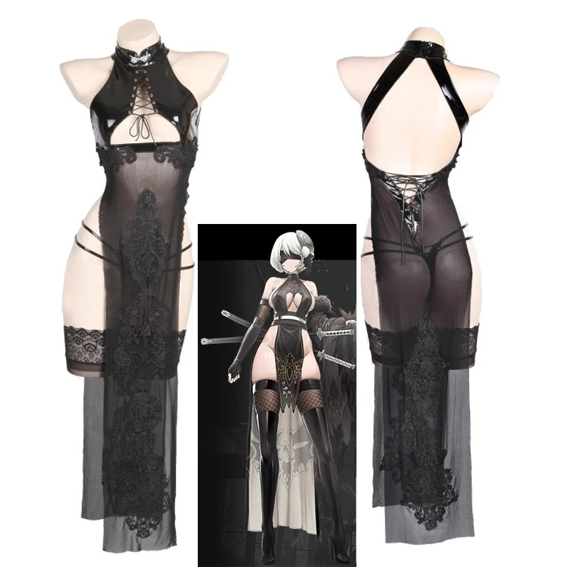 

Game NieR Automata 2B Swimsuit Dress Costume Women Sexy Sukumizu Turtleneck Cheongsam Swimwear Set Stcokings Cosplay