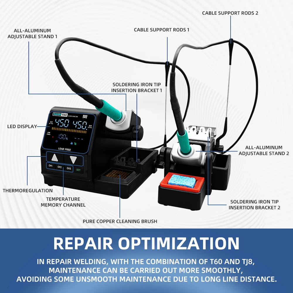 SUGON T60 Soldering Station Compatible Original 115/210/245 Iron Tip With Double Handle Digital Display Welding Rework Station