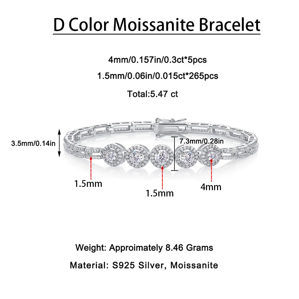 الصفاء 5.47ct D اللون VVS مويسانيتي سوار للتنس للنساء رجل S925 فضة سلسلة اليد مطلي 18K هدية للذكرى السنوية