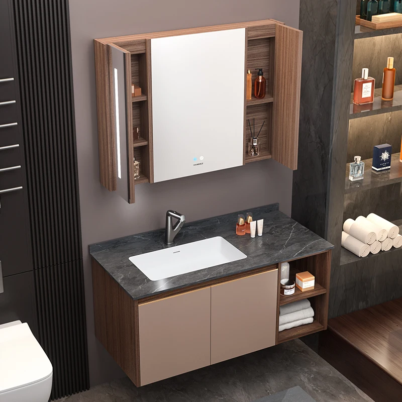 

Solid wood bathroom cabinet combination smart rock slab light luxury bathroom washbasin cabinet