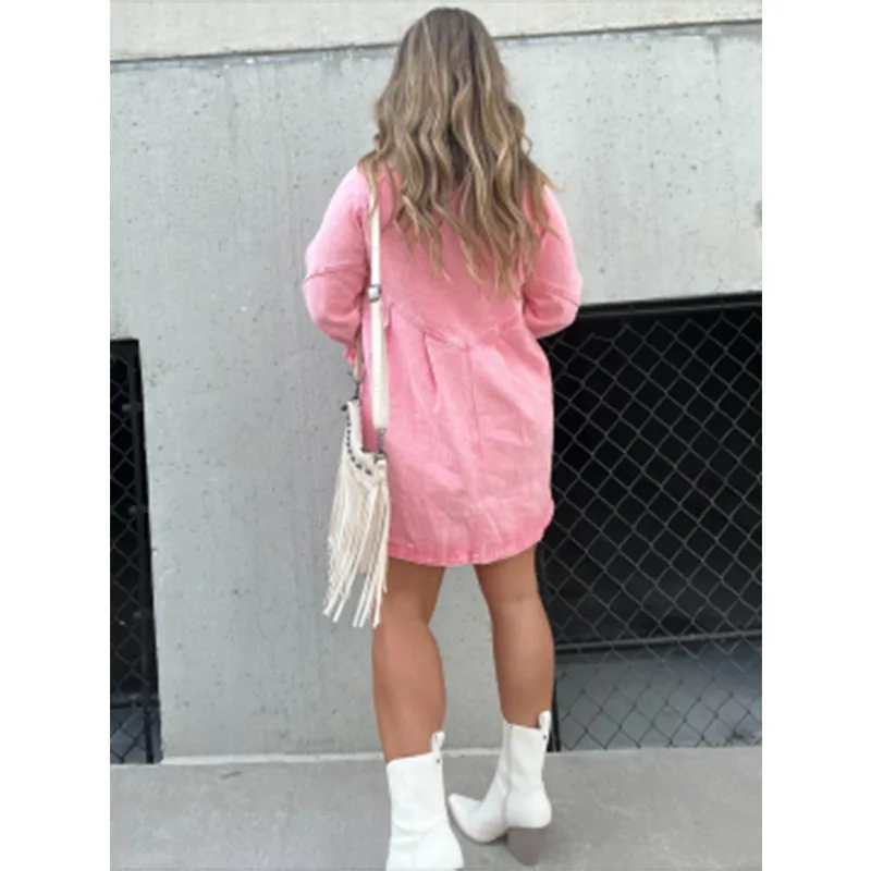 Midiross Shirt Dress Denim New Jeans Dresses Women Loose Casual Turn Down Collar 3/4 Lantern Sleeve