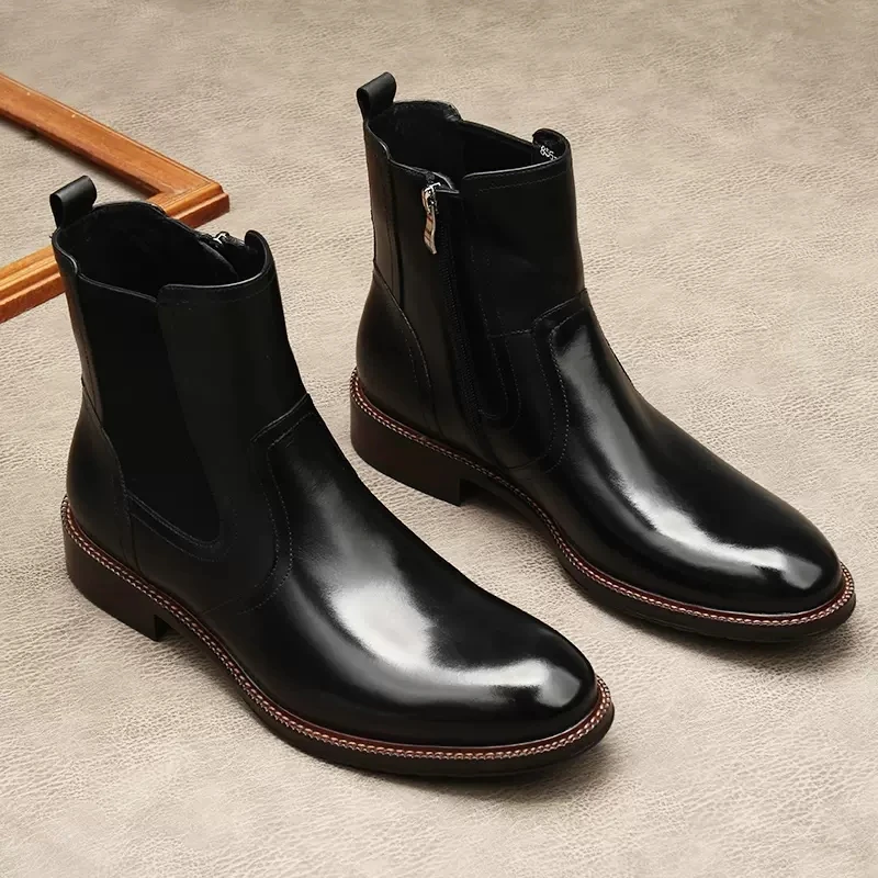 Fashion Chelsea Boots Men Winter Shoes Genuine Leather Black Brown Warm Mens Ankle Boots Round Head Ipper Luxury Man Dress Boots