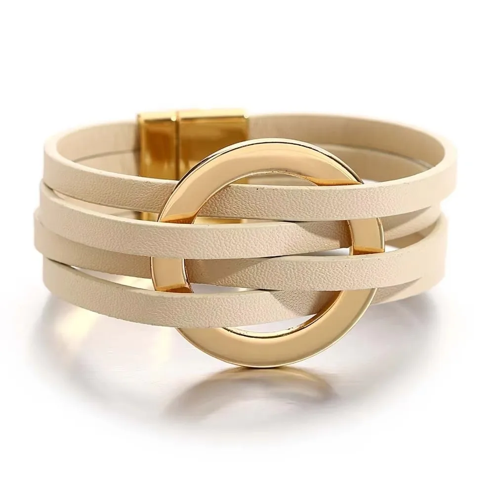 Bohemian Style Leather Bracelets Adjustable Wrap Closure Leather Surface Wide Wrap Bracelet Circle Cross Bracelet For Women