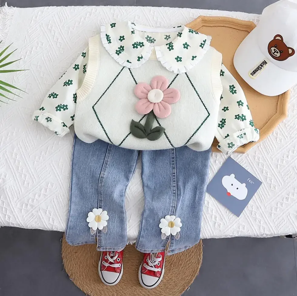 Toddler Baby Girs Clothes Sets 1 To 3 Years Korean Style Lingge Flower Sweater Vest+Cute Shirt+Pants 3Pcs Infant Kids Tracksuits