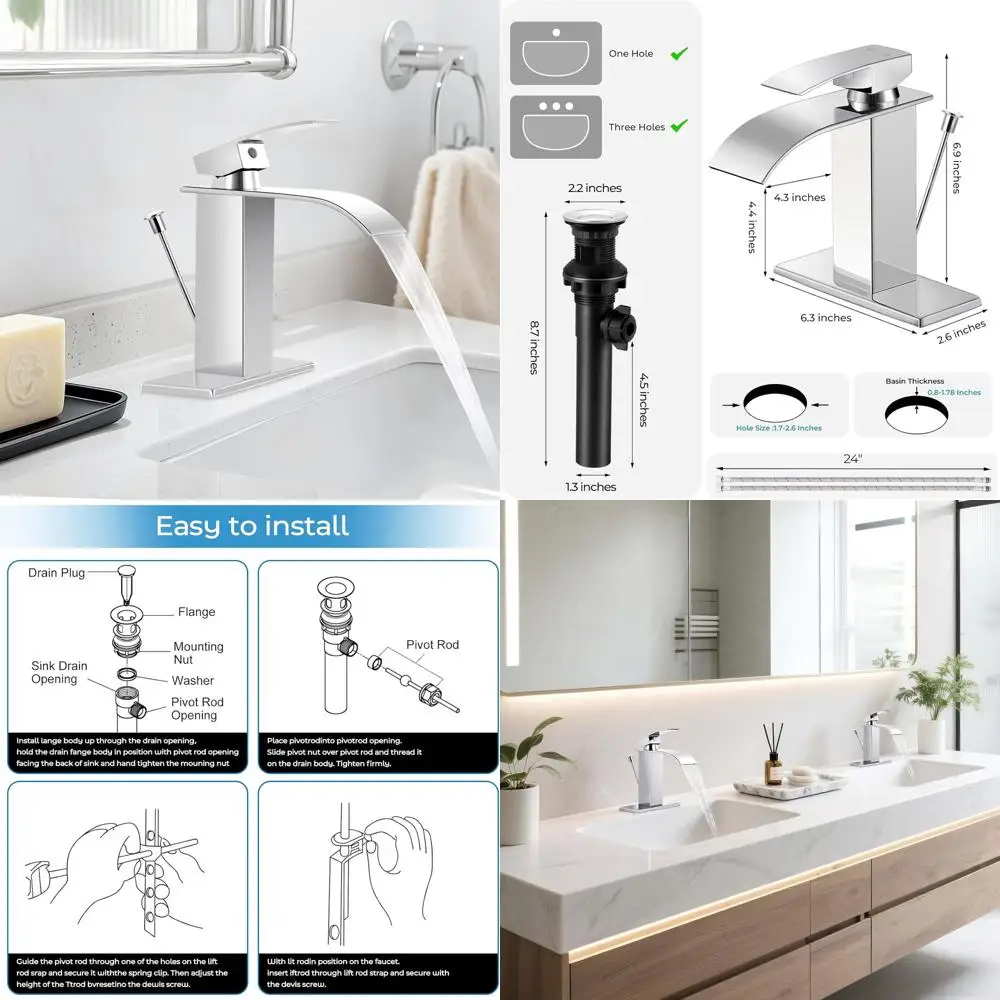 

Modern Single Handle Waterfall Bathroom Sink Faucet with Lift Rod Drain for 1 or 3 Hole Installation, Suitable for RV, Deck-Moun