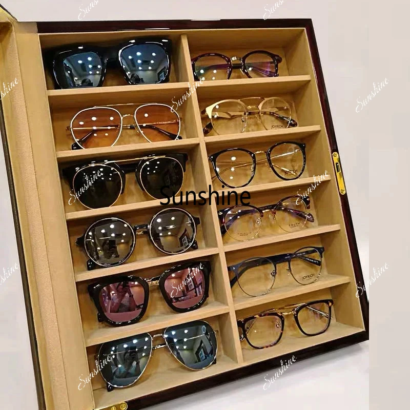 Luxury 12 Slots Spectacles Sunglasses Collection Case Box Wooden Glasses Business Storage Display with Lock Customizable Logo