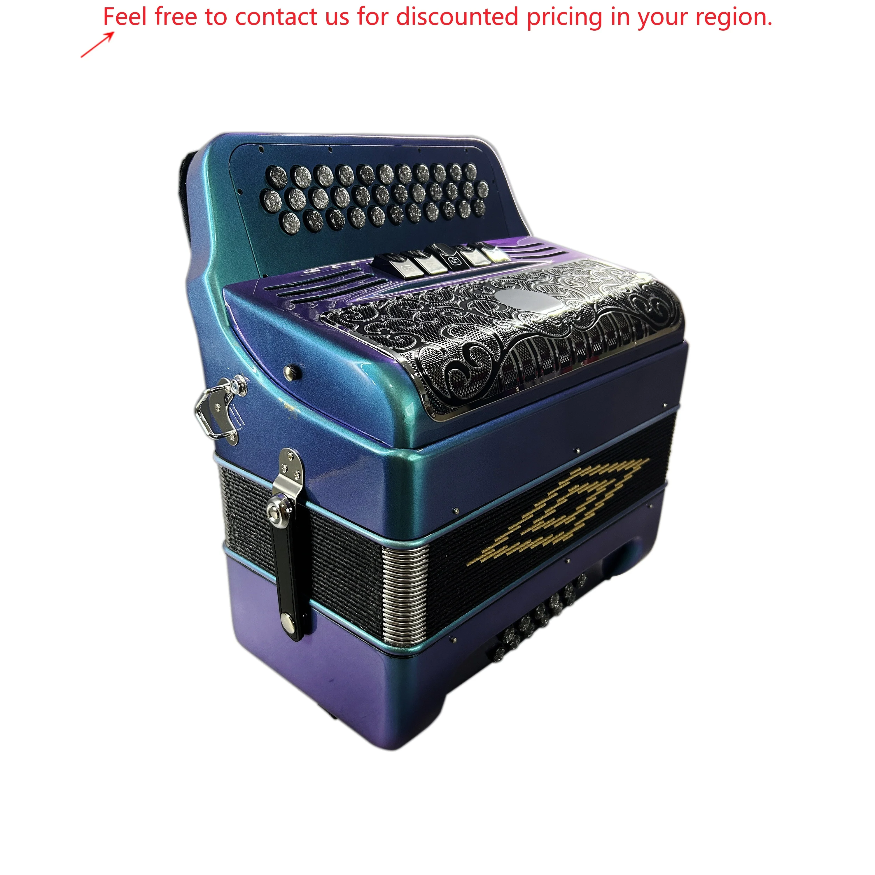 

SEASOUND Professional 12 Bass 5 Registers Green Chameleon Accordion Black Silver Grill Silver Buttons 34 Button JB3412D Wood