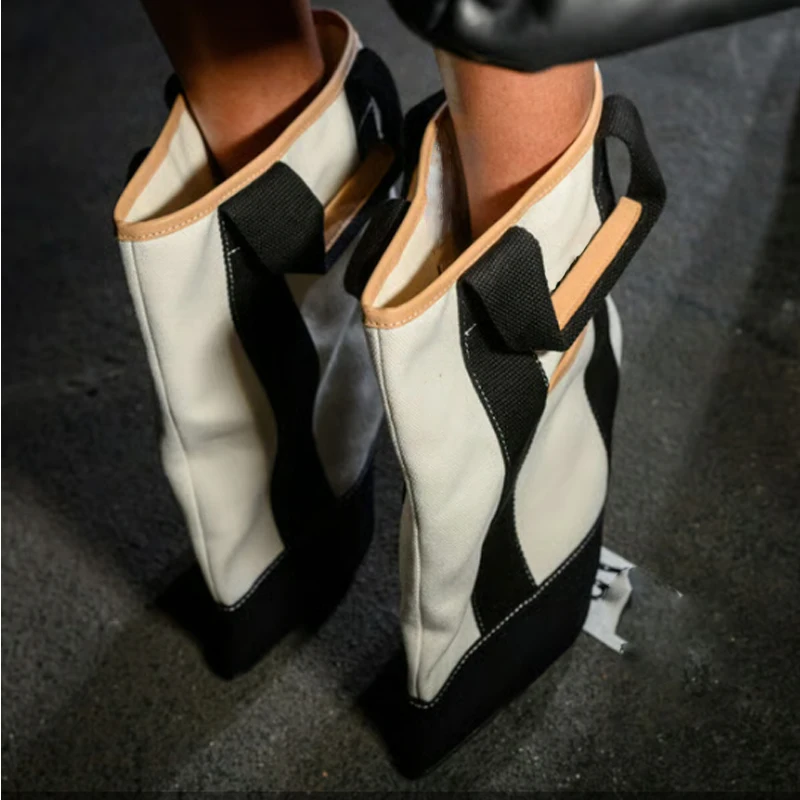 

Black White Contrast Stitching Pointed Toe Canvas Ankle Boots Woman Winter 2026 Red and White Patchwork Stiletto Short Boots