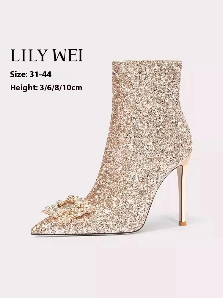 

Зимние свадебные туфли на тонком высоком каблуке с острым носком и пряжкой со стразами, цвета шампанского и пайетками, большие размеры, маленькие плюшевые короткие женские сапоги