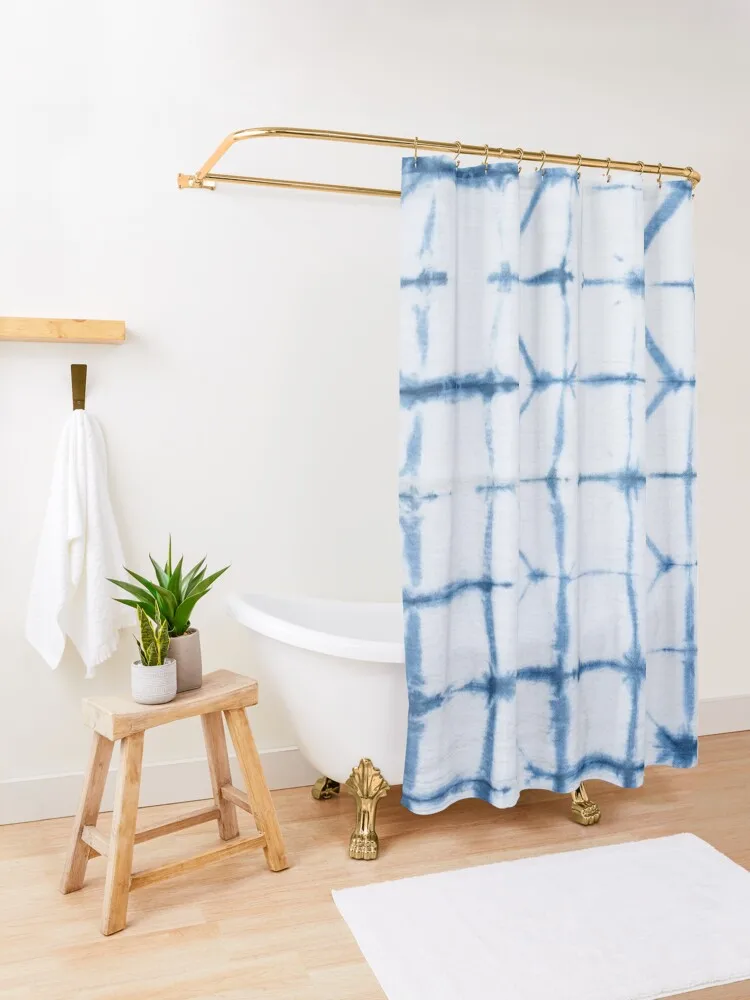 Shibori Indigo Dyed Diamond Pattern Shower Curtain Curtain Shower Shower Curtain Set