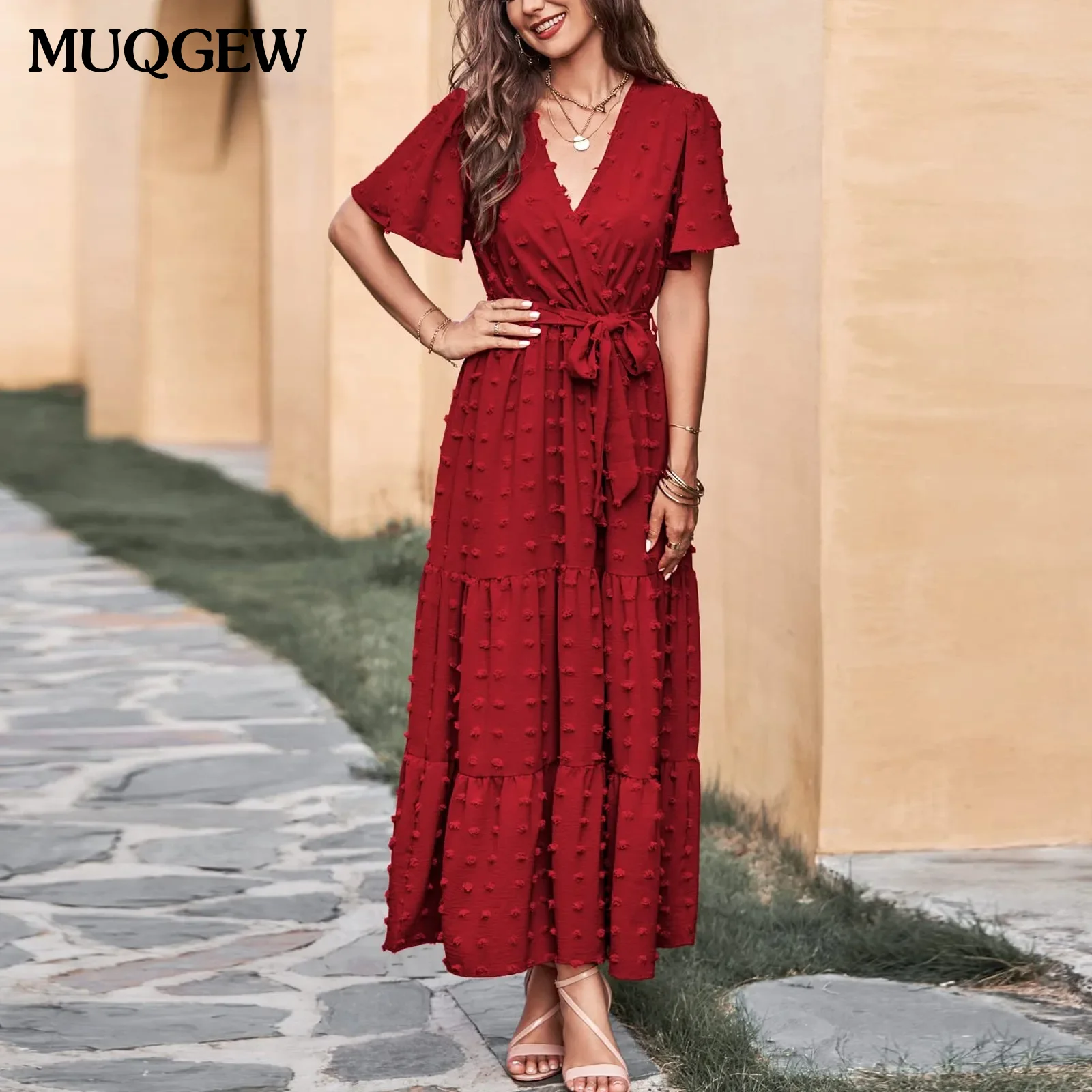 

Women Maxi Dresses Casual 2024 Pom-pom Dot Summer Party Dresses V-neck Belt Ruffles Dress Women Clothes Sold Vestidos