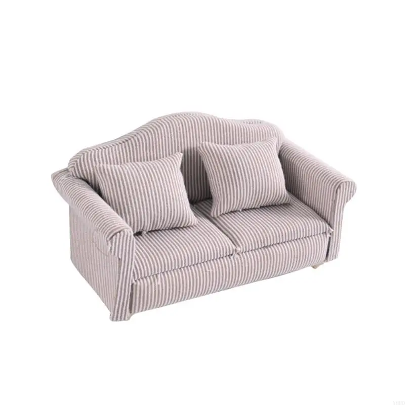 Y88D 1/12 Casas muñecas Muebles sala estar Sofá madera con diseño rayas cojín para escena del proyecto