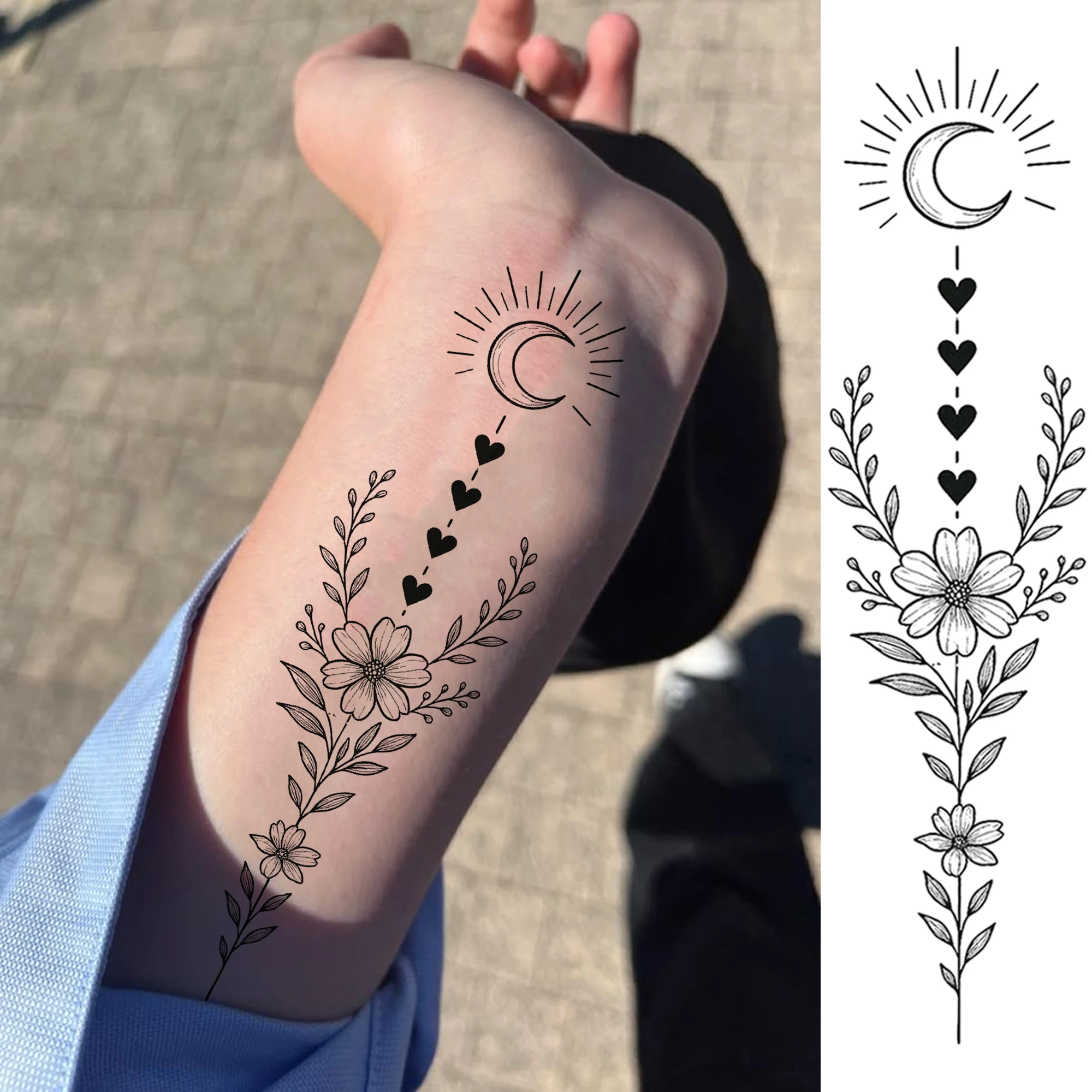 1 Sheet Butterfly Flower Crescent Temporary Tattoos For Women Hands Foot Back, Fake Tattoo Stickers Long Lasting Realistic Tatoo