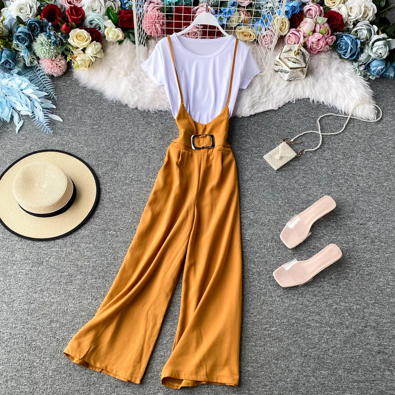 Faionable-Conjunto de dos piezas de verano para mujer, camiseta redonda Ne de Color, pantalones de pierna ancha ort Sve, pantalones con tirantes de cintura alta