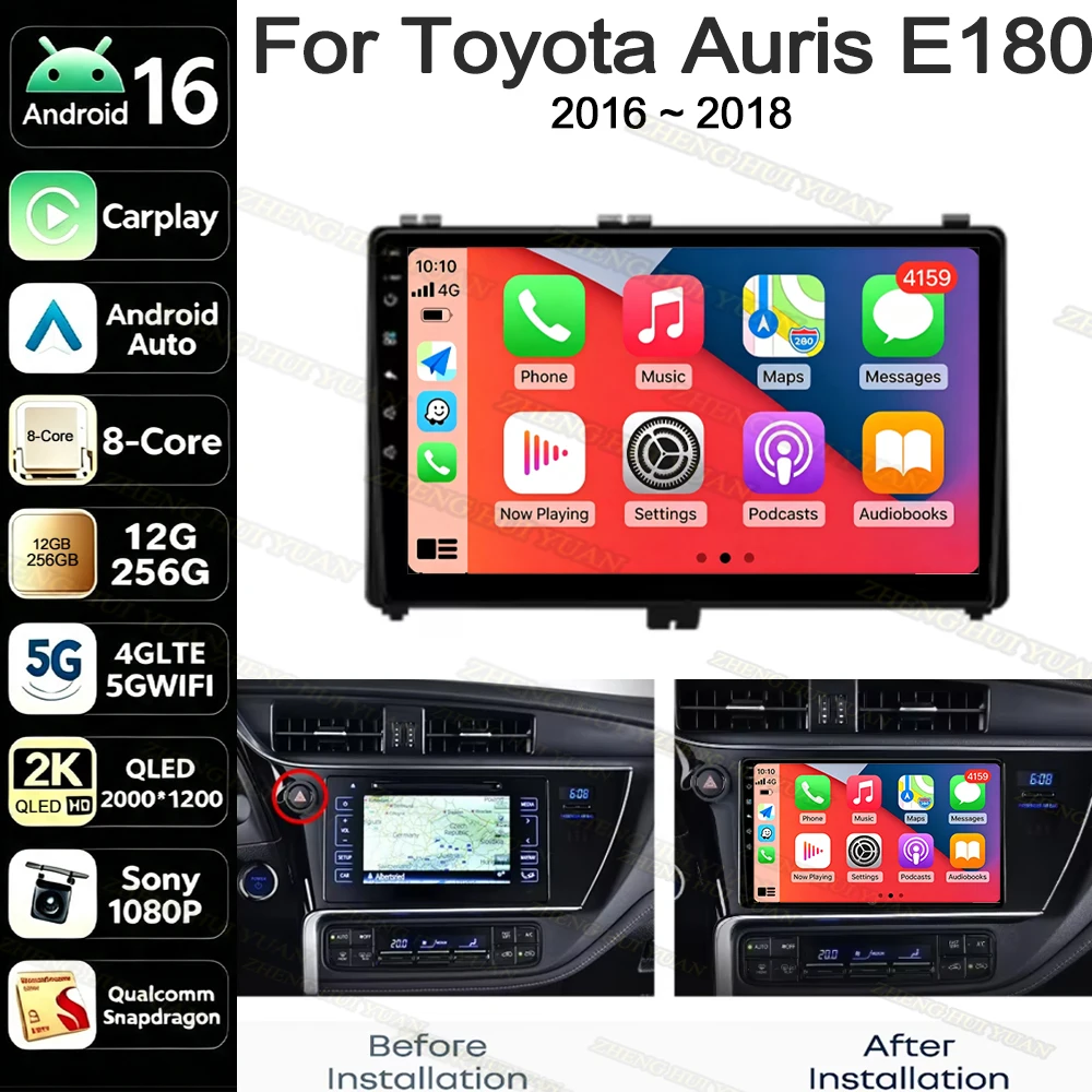 Android 16 CarPlay Android Auto For Toyota Auris E180 2016 2017 2018 Car Radio Stereo Navigation Multimedia Player Wireless GPS