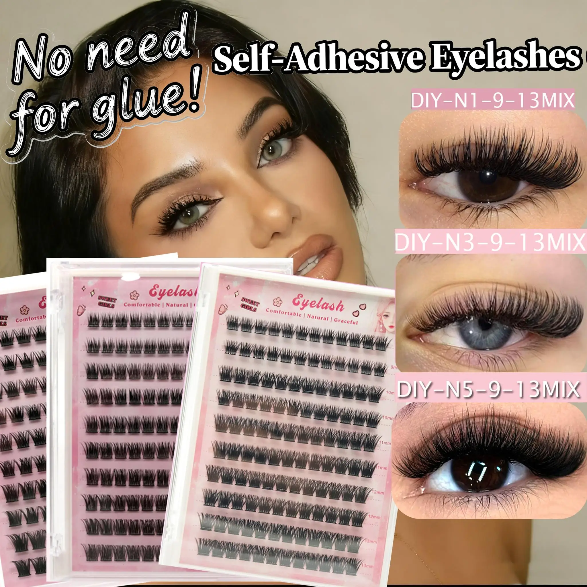 대용량 글루프리 인조 속눈썹 10줄 단일 클러스터 9-13MM C컬 내추럴 셀프 접착 인조 속눈썹