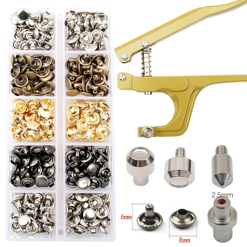 8mm Kupfer-Doppelkappen-Nieten, runde Nieten mit Werkzeug für Lederarbeiten, Schuhe, Taschen, Gürtel, Kleidung und Bekleidungszubehör