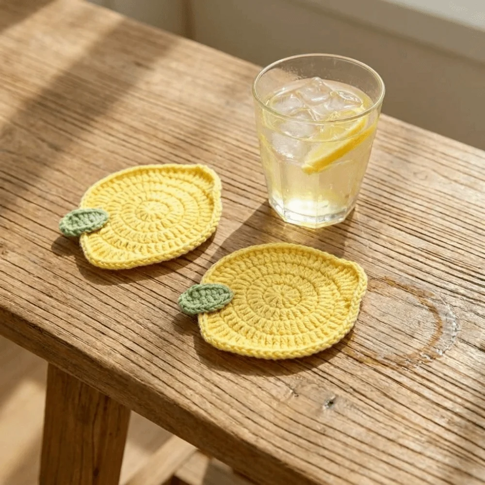 3PCS Heat-insulating Hand-crocheted Lemon Coasters Non-Slip Fruit-themed Drink Mats Polyester Handmade Coffee Mat Table Decor