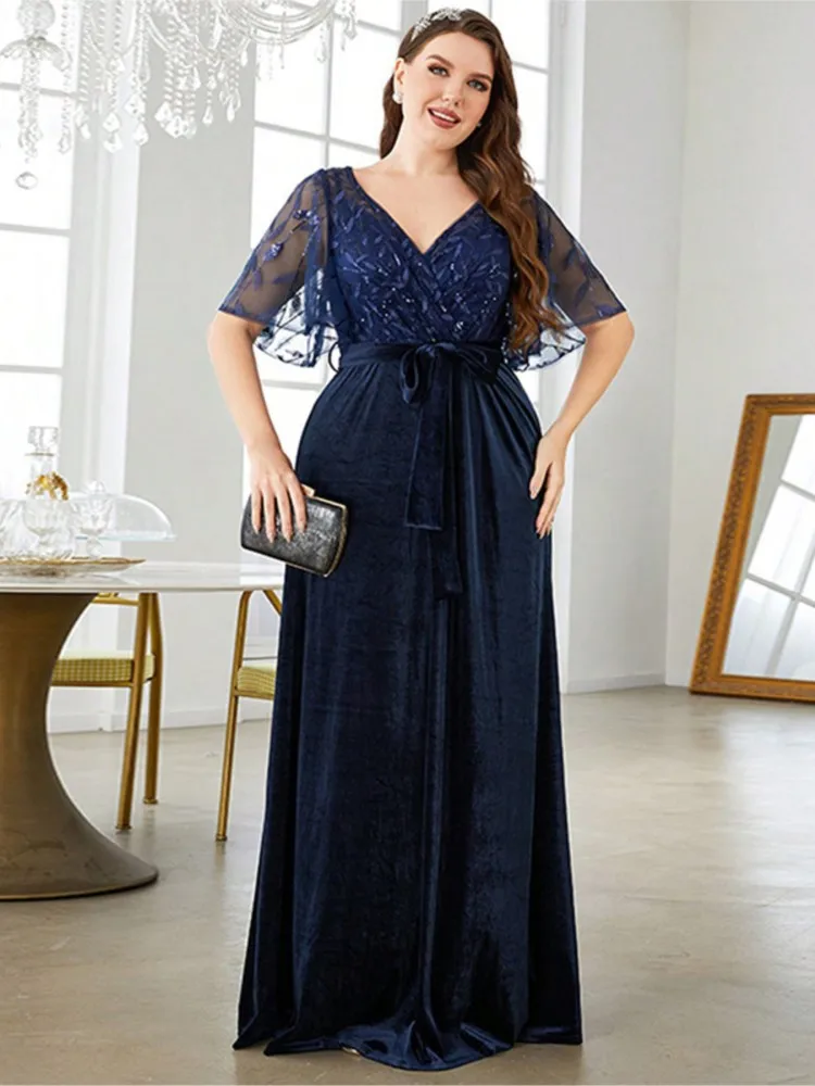 

Летнее вечернее платье больших размеров для женщин, с пайетками, цветочным узором, вельветовым пэчворком, модное, элегантное, с завышенной талией