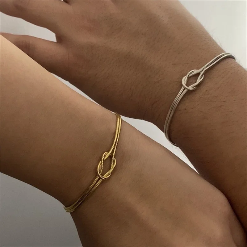 Stainless Steel Knot Snake Chain Bracelets for Women Couple Fashion Gold Color Handmade Adjustable Charm Bracelet Jewelry Gift