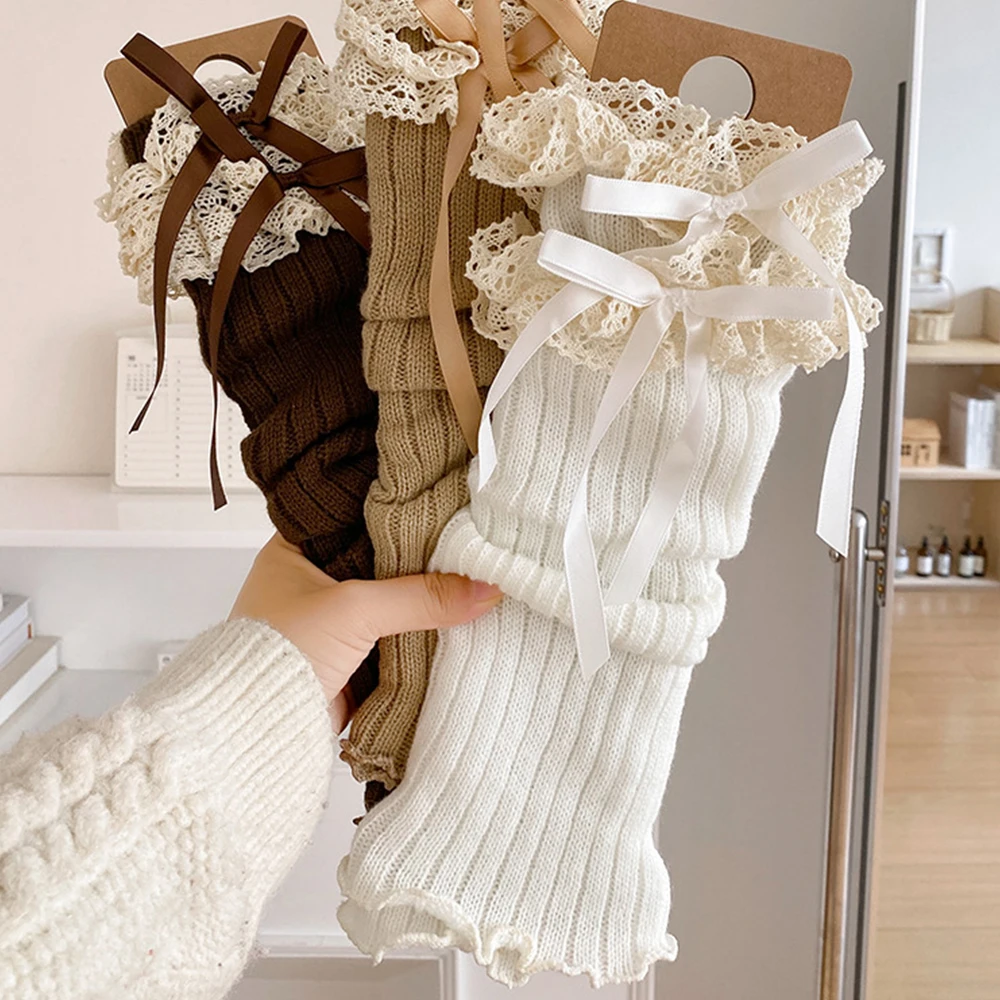 Calcetines para botas para mujer Y2k calentadores de piernas lazo en el tobillo invierno cálido tejido elástico térmico señoras puño grueso mujer Lolita polaina 1 par