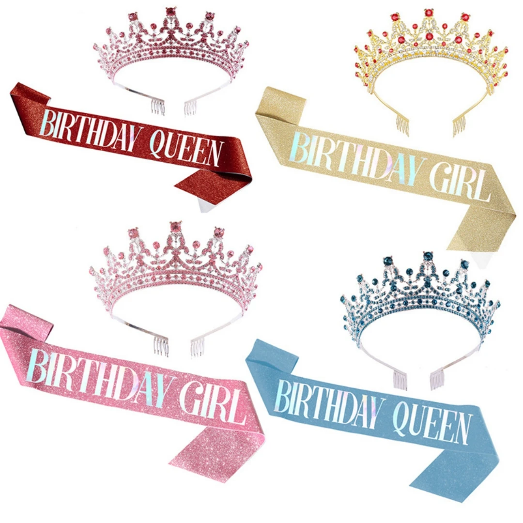 Bling Rhinestone Crystal Crown Tiara Birthday Girl Queen Sash and Crown for Women Birthday Party Decoration Kit