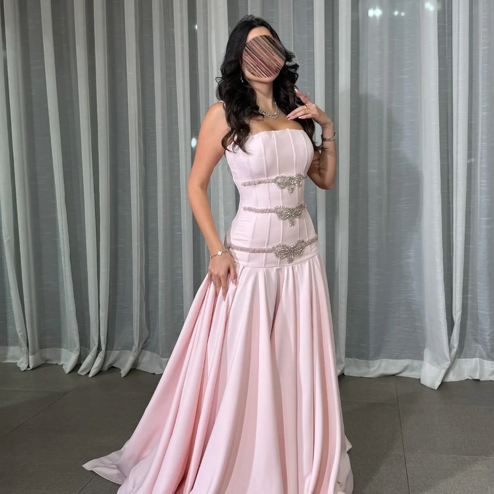 

Customized Intricate Jersey Pleat Rhinestone Beading Bow Sequined A-line Strapless Long Dresses Bespoke Occasion Dresses Classic