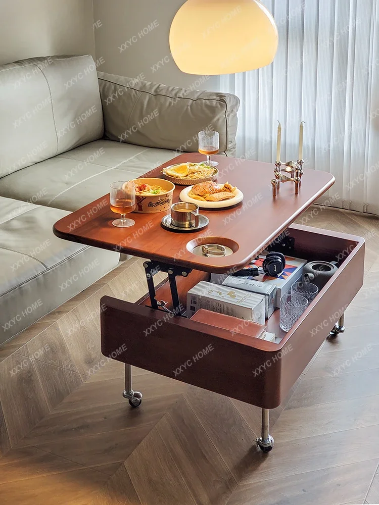 Retro Nordic lifting mobile coffee table small apartment modern simple solid wood multi-functional locker living room