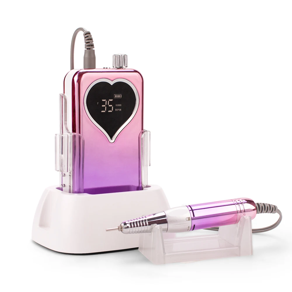 Venda quente OEM Profissional Forma de Coração HD Display 35000rpm Elétrico Recarregável Sem Fio Máquina Broca de Unhas Manicure Portátil