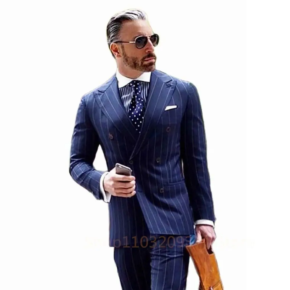 Costume Homme Stripe Men Suits With Pants Men\'s Blazer Slim Fit Wedding Male Groom Tuxedos Suit Prom 2 Pieces(Jacket+Pants) Set