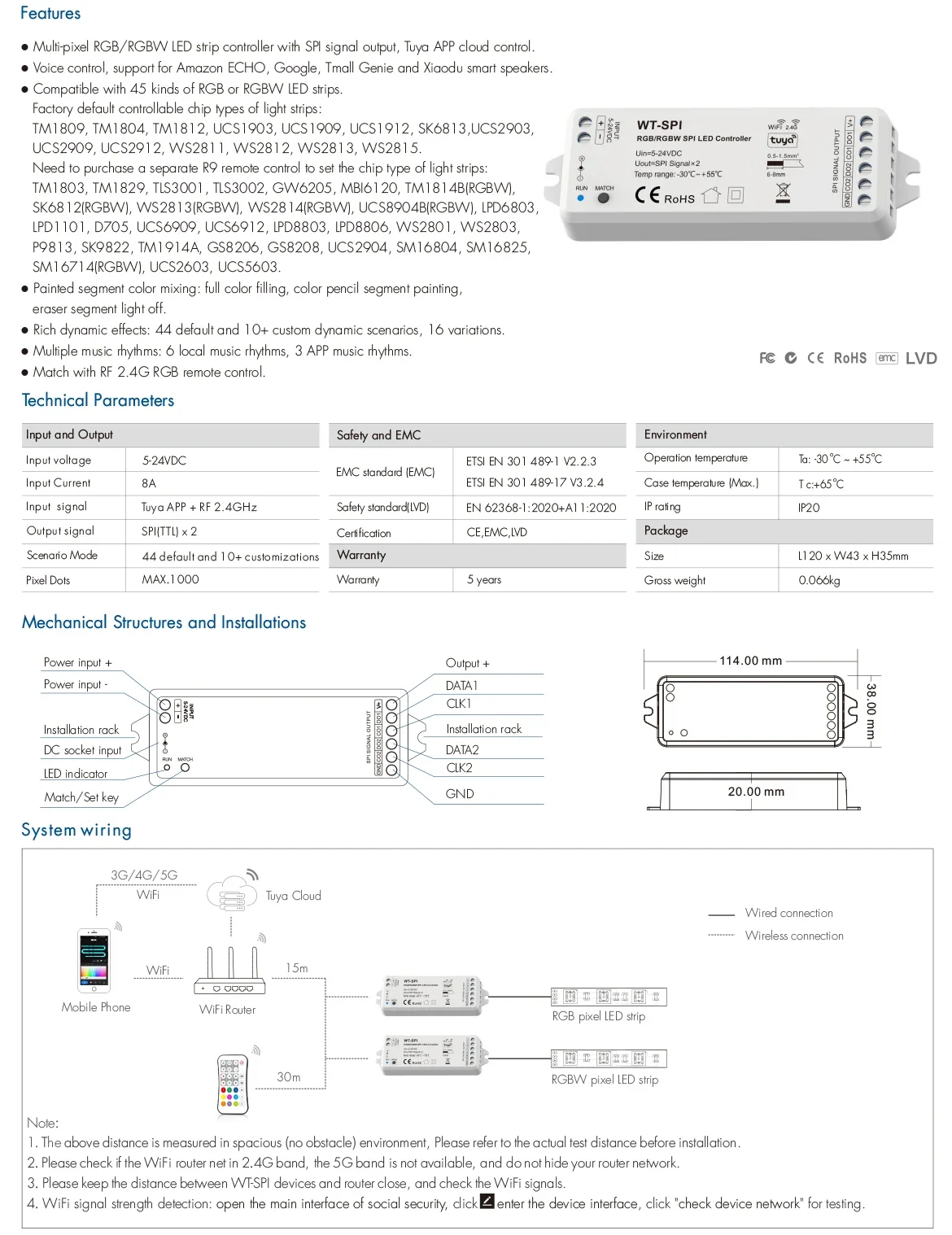 WZ-SPI Zigbee/ WT-SPI WiFi Tuya App 2.4GHz RF RGB/RGBW SPI LED Controller DC5-24V for WS2811 2812B SK6812 SPI LED Strip Light