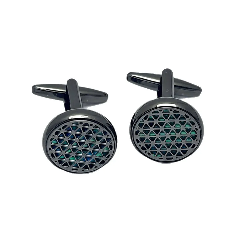 Men Round Hollow Geometric Green Zircon Cufflinks Silver Alloy French Shirt Cuff Buttons Business Wedding Suit Jewelry Gift