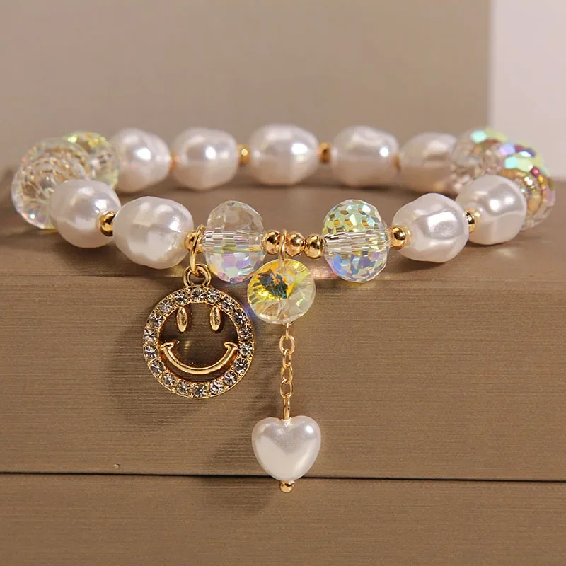 Pulsera de cristal de perlas pequeñas frescas para mujer, colgante de cara sonriente Simple, brazalete elástico ajustable, joyería de fiesta